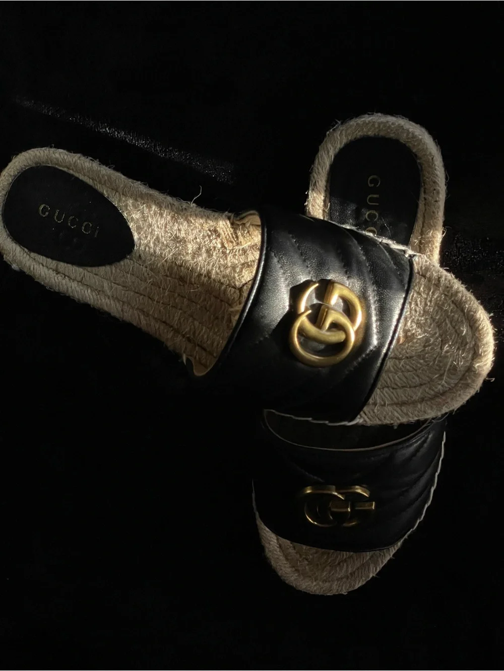 Gucci Black Leather Espadrille Slides with Gold GG